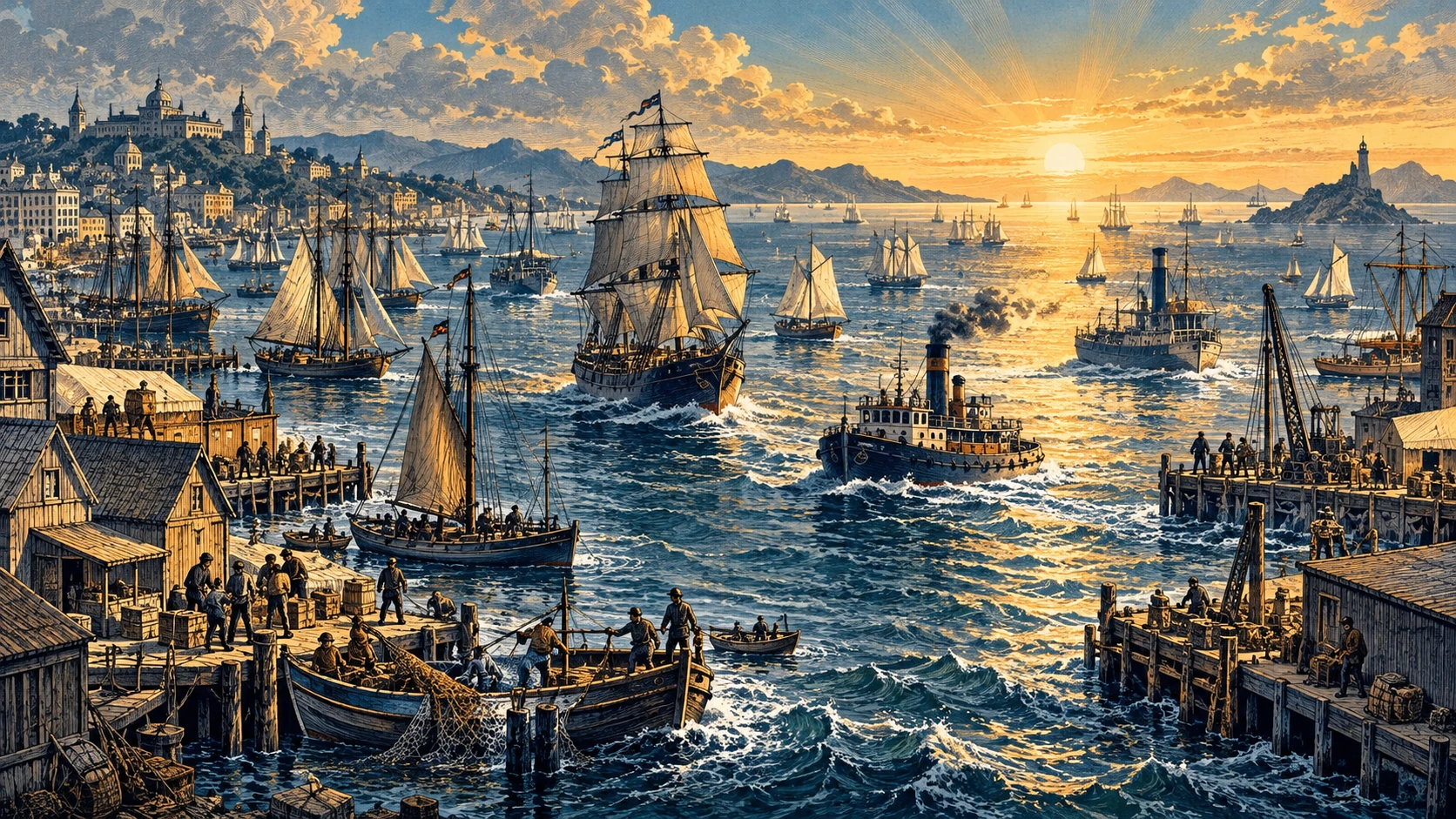 Different vessels share an open harbour