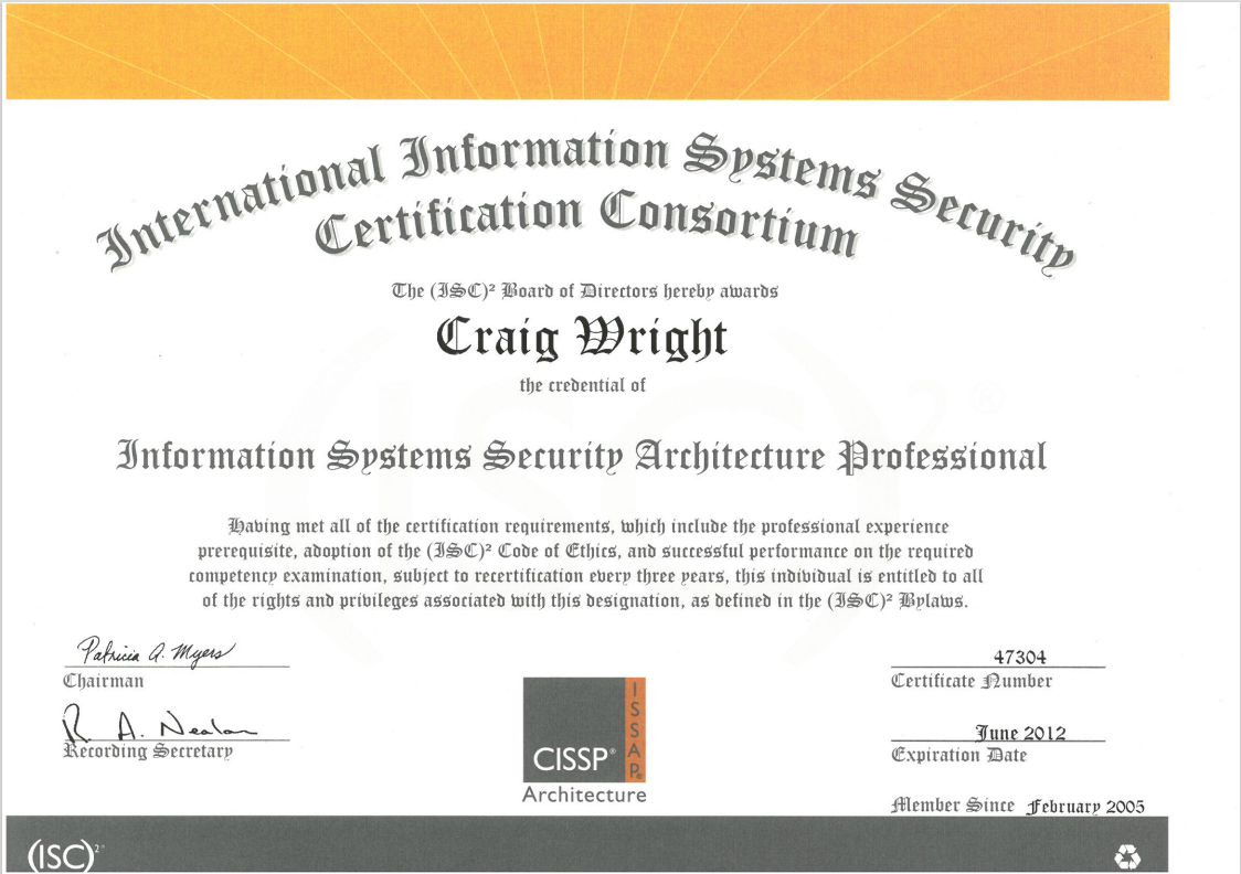 CISSP information systems security architecture professional Craig s wright
