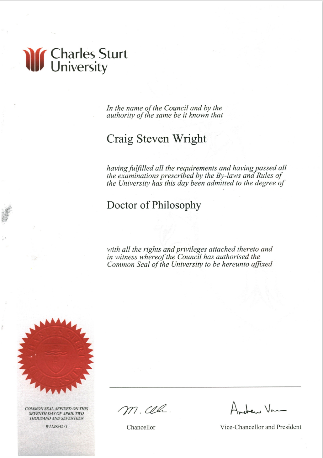 Doctor of Philosophy Craig S Wright
