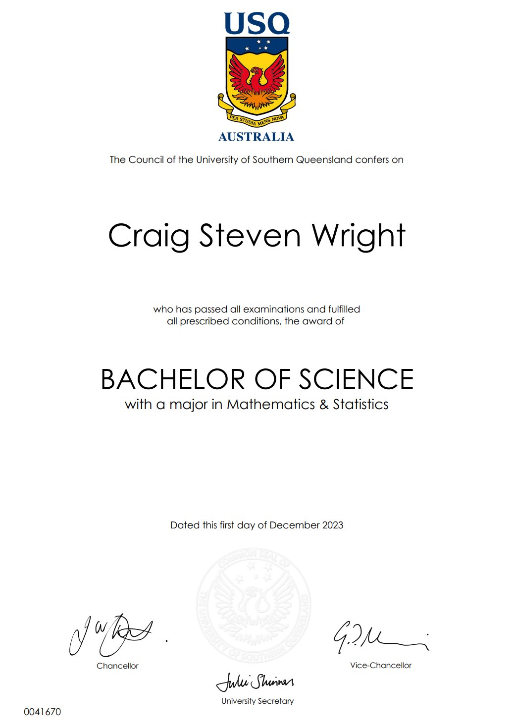Craig Wright Bachelor of science